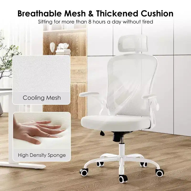 Ergonomic Office Chair, Swivel Computer Desk Chairs with Adjustable Lumbar Support, Flip-Up Arms, Headrest & Mesh Back for Home, Bedroom
