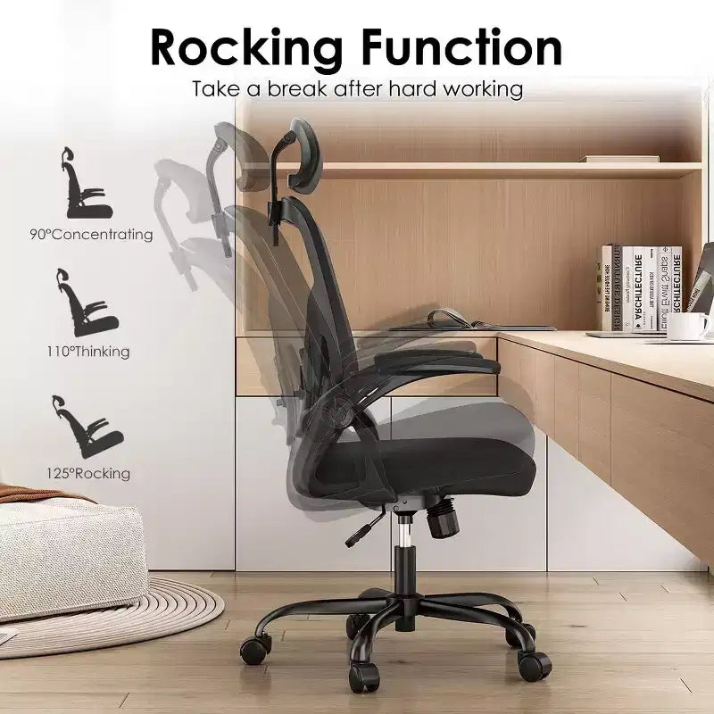 Ergonomic Office Chair, Swivel Computer Desk Chairs with Adjustable Lumbar Support, Flip-Up Arms, Headrest & Mesh Back for Home, Bedroom
