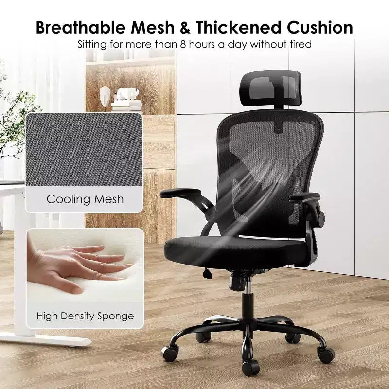 Ergonomic Office Chair, Swivel Computer Desk Chairs with Adjustable Lumbar Support, Flip-Up Arms, Headrest & Mesh Back for Home, Bedroom