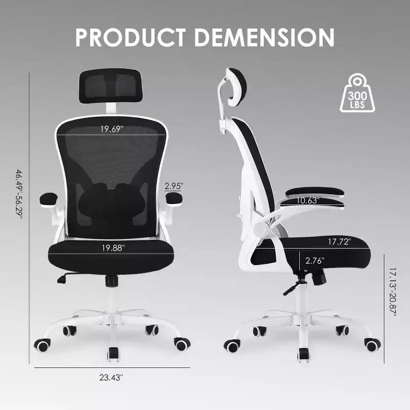 Ergonomic Office Chair, Swivel Computer Desk Chairs with Adjustable Lumbar Support, Flip-Up Arms, Headrest & Mesh Back for Home, Bedroom