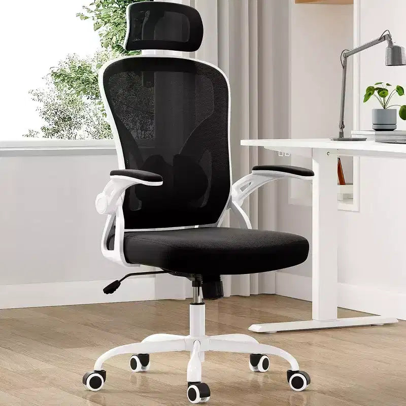 Ergonomic Office Chair, Swivel Computer Desk Chairs with Adjustable Lumbar Support, Flip-Up Arms, Headrest & Mesh Back for Home, Bedroom