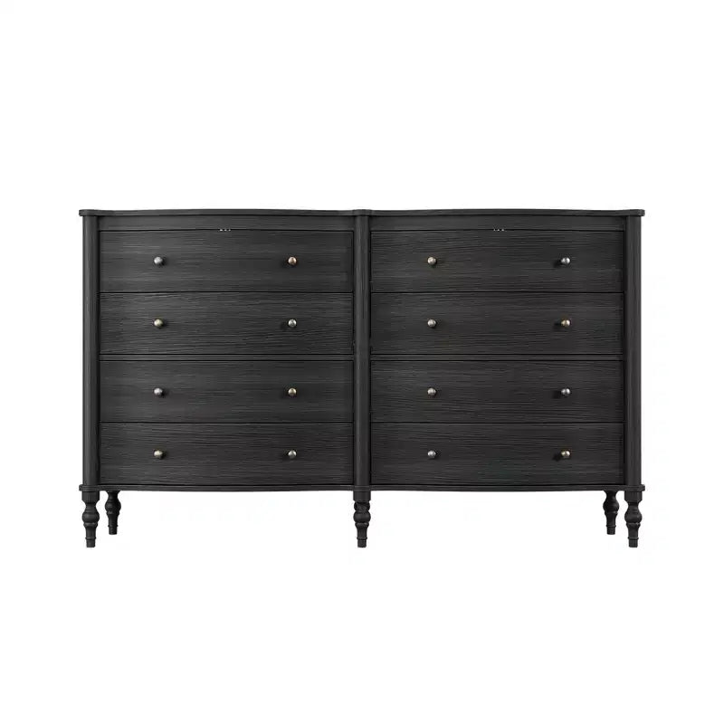 Black/Light Oak Curved-Front Vintage Dresser with 8 Drawers Luxury Bedroom Storage with Bronze Knobs Dressing Vanity Table