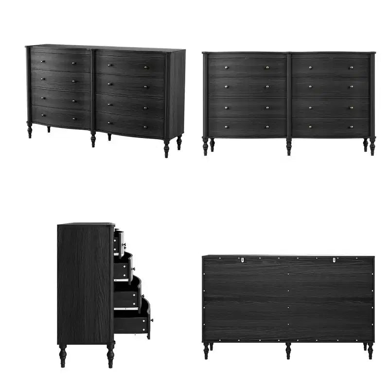 Black/Light Oak Curved-Front Vintage Dresser with 8 Drawers Luxury Bedroom Storage with Bronze Knobs Dressing Vanity Table