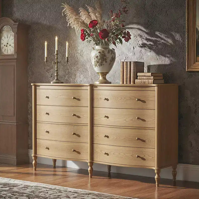Black/Light Oak Curved-Front Vintage Dresser with 8 Drawers Luxury Bedroom Storage with Bronze Knobs Dressing Vanity Table