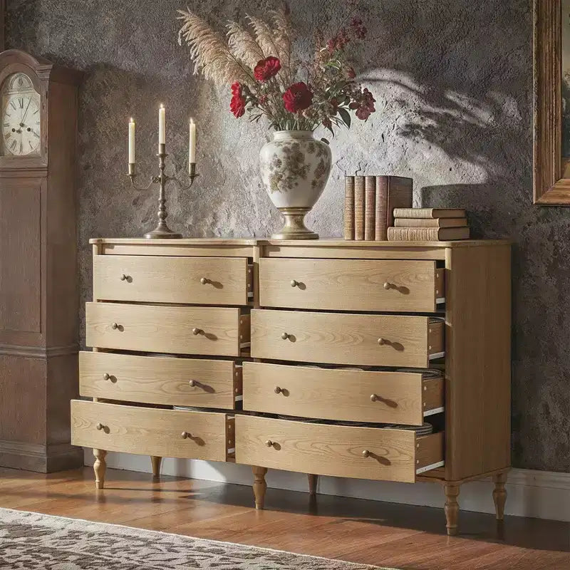 Black/Light Oak Curved-Front Vintage Dresser with 8 Drawers Luxury Bedroom Storage with Bronze Knobs Dressing Vanity Table