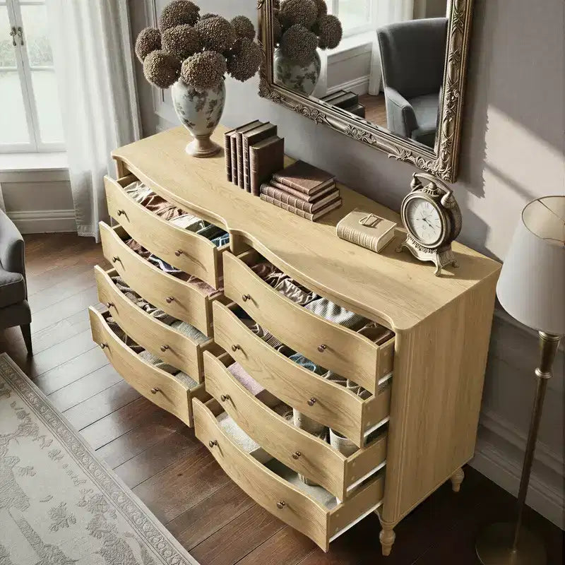 Black/Light Oak Curved-Front Vintage Dresser with 8 Drawers Luxury Bedroom Storage with Bronze Knobs Dressing Vanity Table