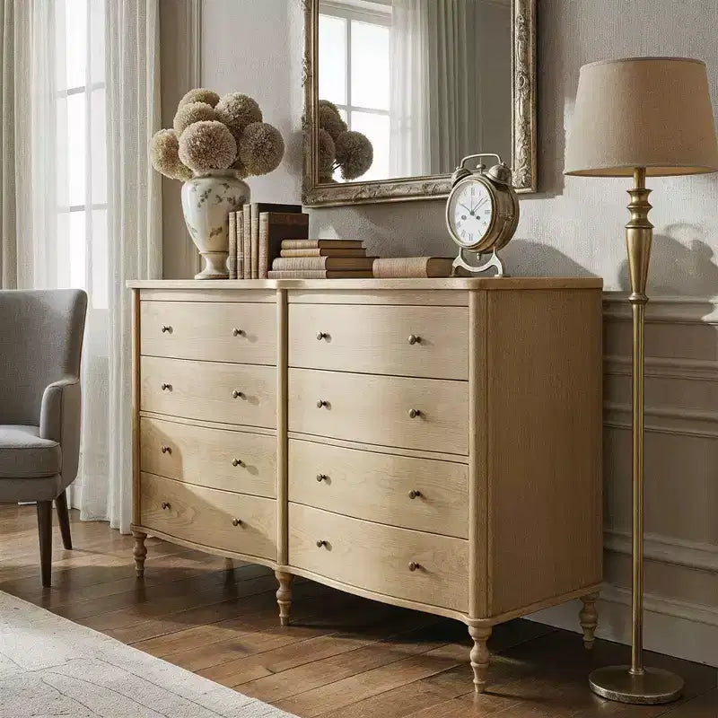 Black/Light Oak Curved-Front Vintage Dresser with 8 Drawers Luxury Bedroom Storage with Bronze Knobs Dressing Vanity Table
