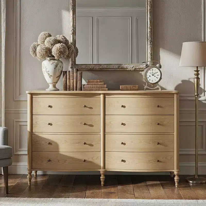 Black/Light Oak Curved-Front Vintage Dresser with 8 Drawers Luxury Bedroom Storage with Bronze Knobs Dressing Vanity Table
