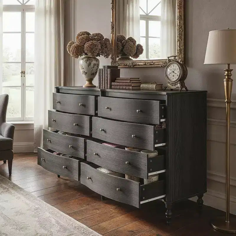 Black/Light Oak Curved-Front Vintage Dresser with 8 Drawers Luxury Bedroom Storage with Bronze Knobs Dressing Vanity Table