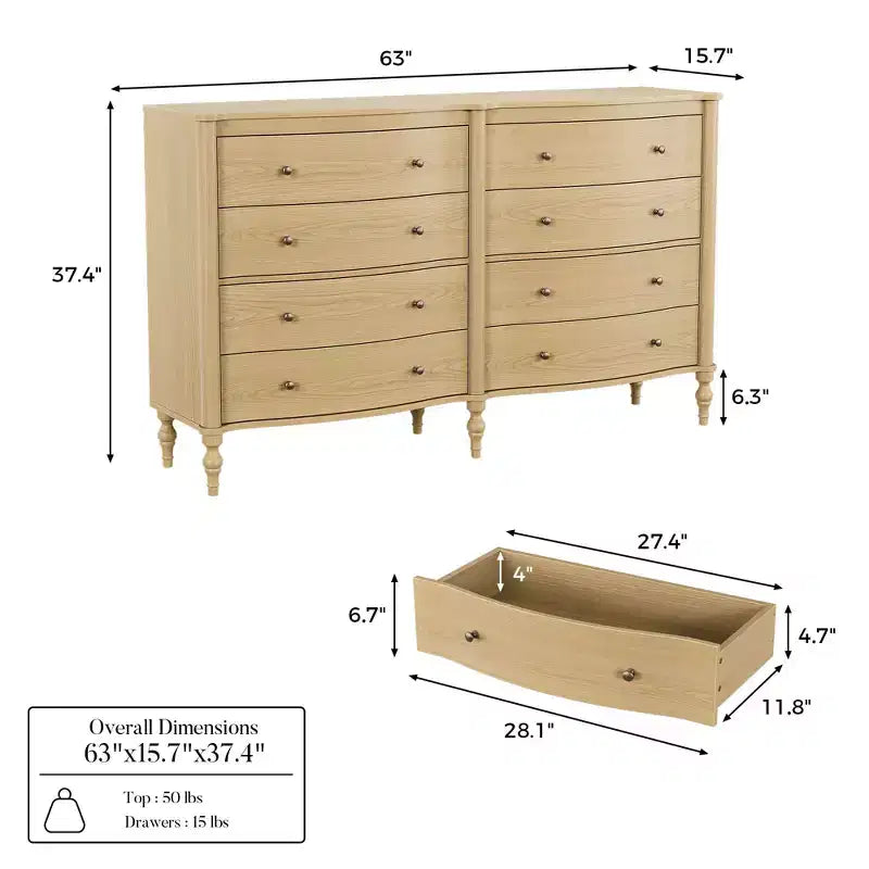 Black/Light Oak Curved-Front Vintage Dresser with 8 Drawers Luxury Bedroom Storage with Bronze Knobs Dressing Vanity Table