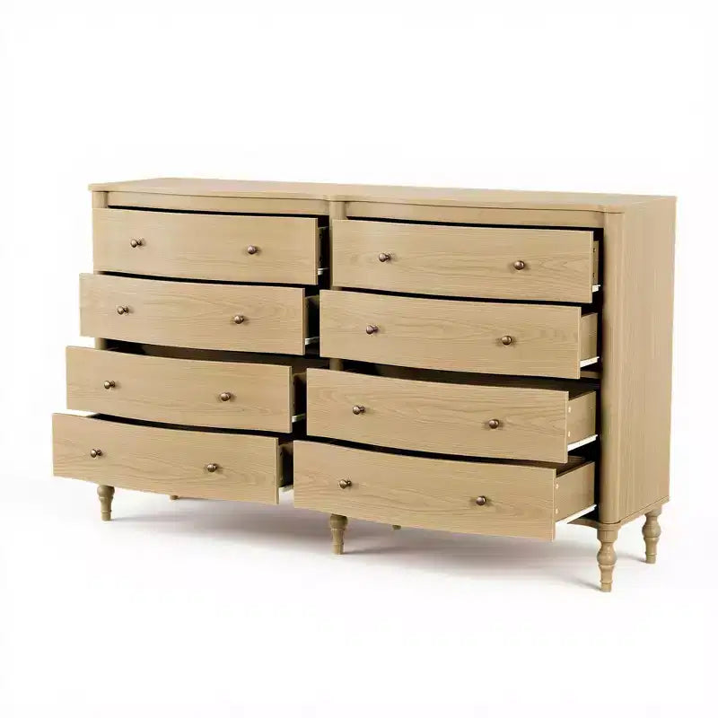 Black/Light Oak Curved-Front Vintage Dresser with 8 Drawers Luxury Bedroom Storage with Bronze Knobs Dressing Vanity Table
