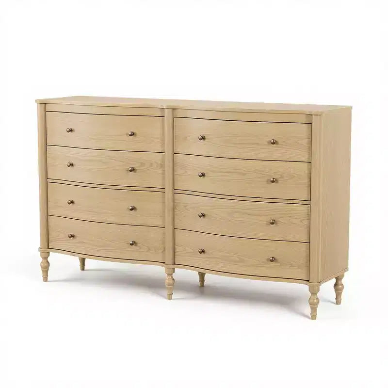 Black/Light Oak Curved-Front Vintage Dresser with 8 Drawers Luxury Bedroom Storage with Bronze Knobs Dressing Vanity Table