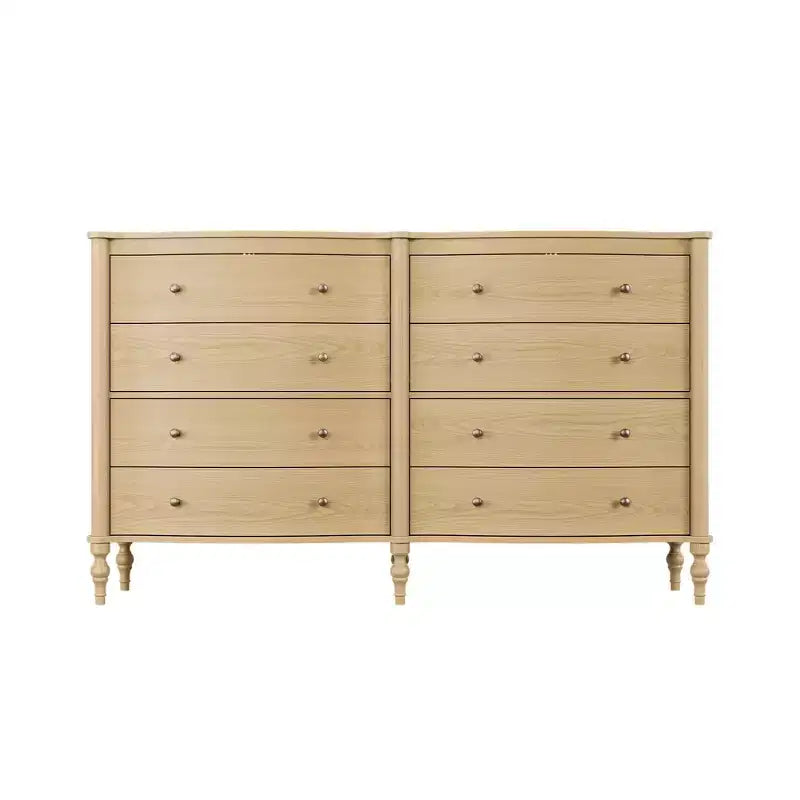 Black/Light Oak Curved-Front Vintage Dresser with 8 Drawers Luxury Bedroom Storage with Bronze Knobs Dressing Vanity Table