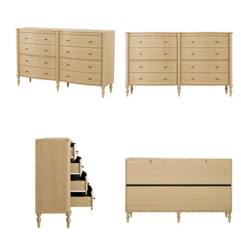 Black/Light Oak Curved-Front Vintage Dresser with 8 Drawers Luxury Bedroom Storage with Bronze Knobs Dressing Vanity Table