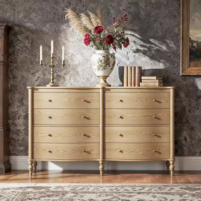 Black/Light Oak Curved-Front Vintage Dresser with 8 Drawers Luxury Bedroom Storage with Bronze Knobs Dressing Vanity Table