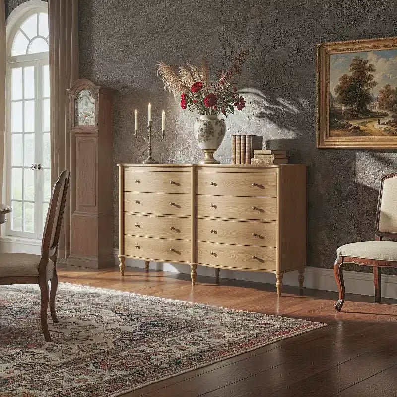Black/Light Oak Curved-Front Vintage Dresser with 8 Drawers Luxury Bedroom Storage with Bronze Knobs Dressing Vanity Table