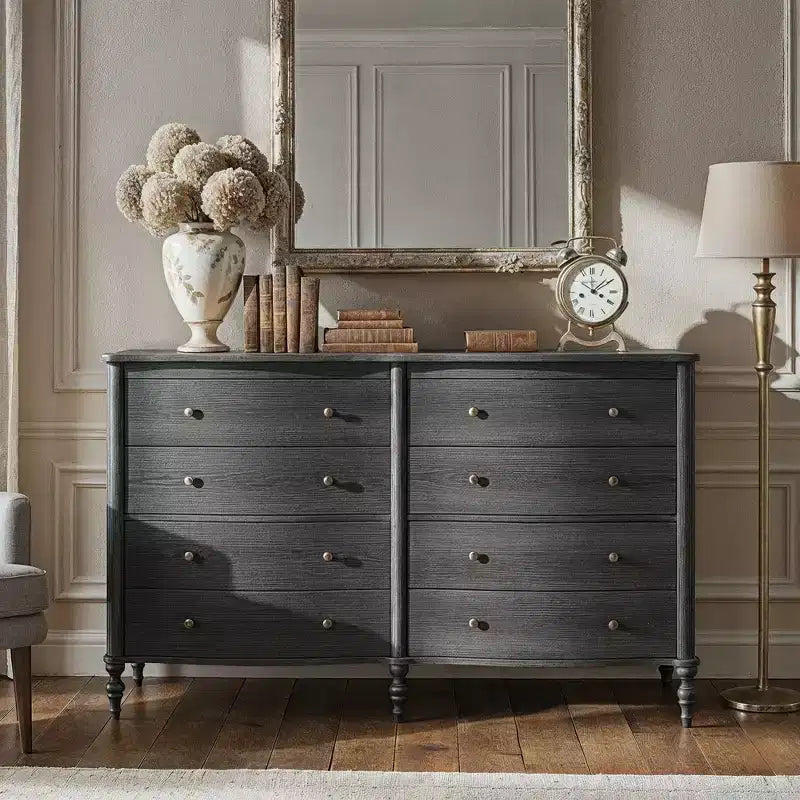 Black/Light Oak Curved-Front Vintage Dresser with 8 Drawers Luxury Bedroom Storage with Bronze Knobs Dressing Vanity Table