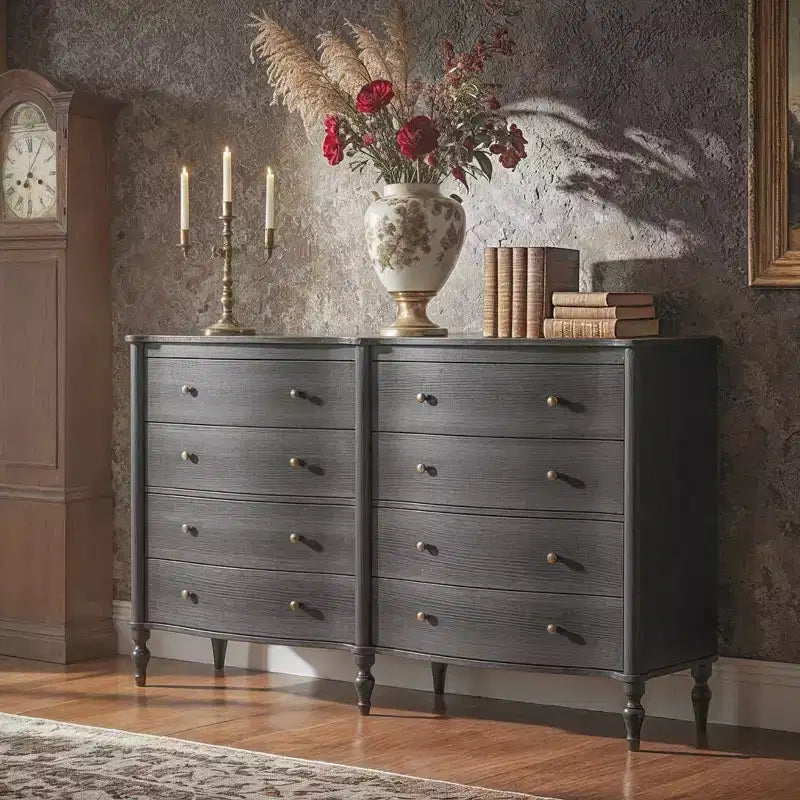 Black/Light Oak Curved-Front Vintage Dresser with 8 Drawers Luxury Bedroom Storage with Bronze Knobs Dressing Vanity Table