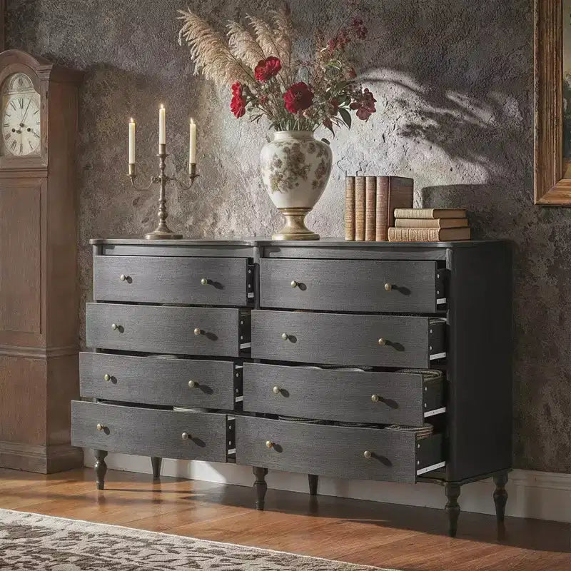 Black/Light Oak Curved-Front Vintage Dresser with 8 Drawers Luxury Bedroom Storage with Bronze Knobs Dressing Vanity Table