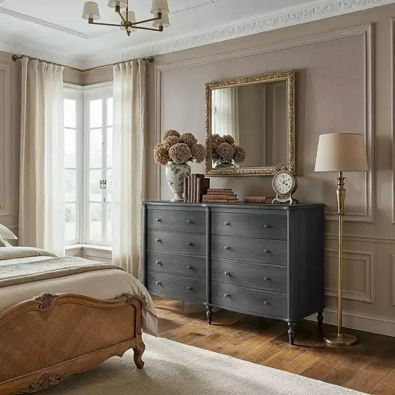 Black/Light Oak Curved-Front Vintage Dresser with 8 Drawers Luxury Bedroom Storage with Bronze Knobs Dressing Vanity Table