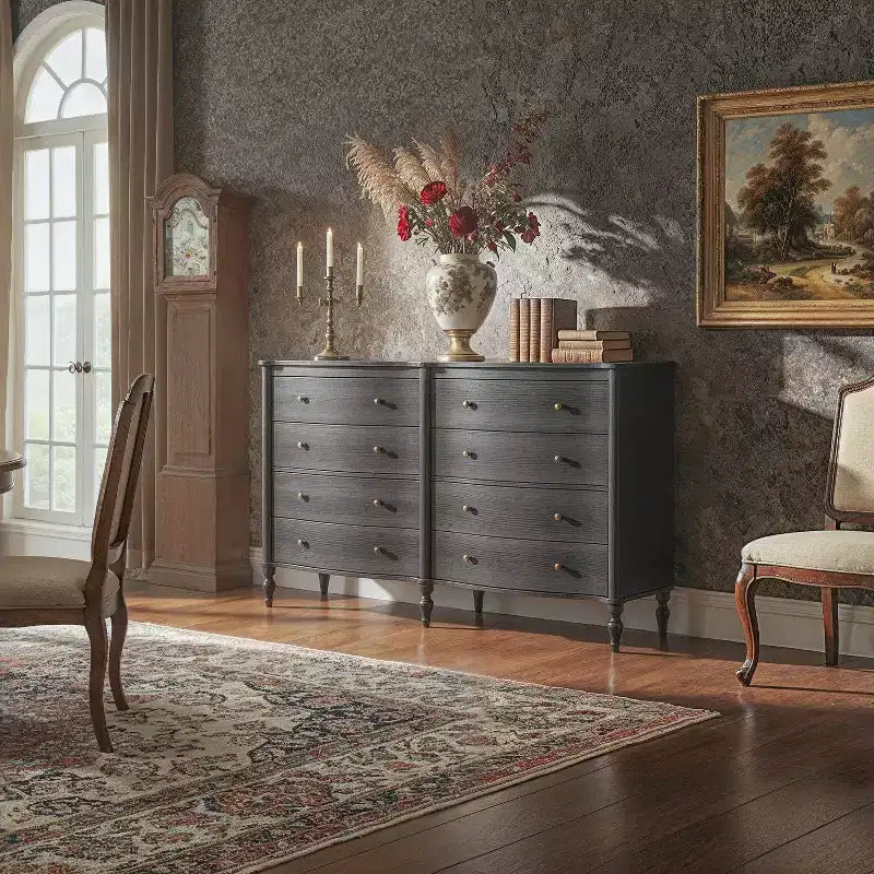 Black/Light Oak Curved-Front Vintage Dresser with 8 Drawers Luxury Bedroom Storage with Bronze Knobs Dressing Vanity Table