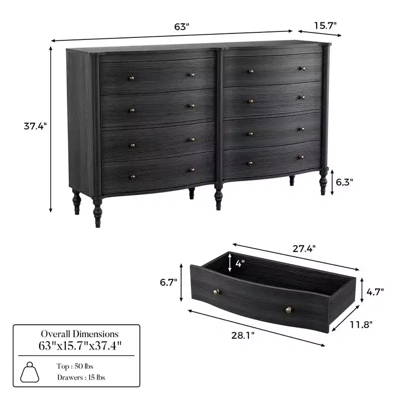 Black/Light Oak Curved-Front Vintage Dresser with 8 Drawers Luxury Bedroom Storage with Bronze Knobs Dressing Vanity Table