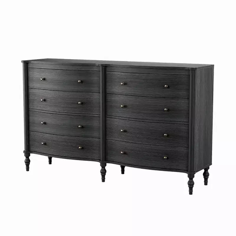 Black/Light Oak Curved-Front Vintage Dresser with 8 Drawers Luxury Bedroom Storage with Bronze Knobs Dressing Vanity Table