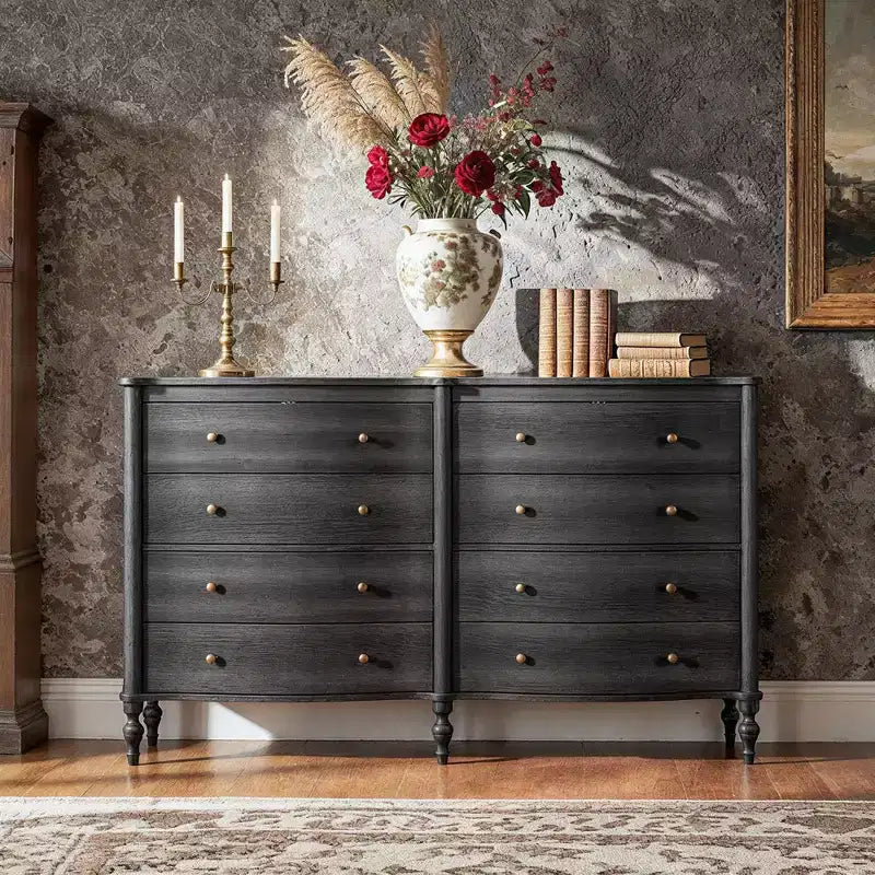 Black/Light Oak Curved-Front Vintage Dresser with 8 Drawers Luxury Bedroom Storage with Bronze Knobs Dressing Vanity Table