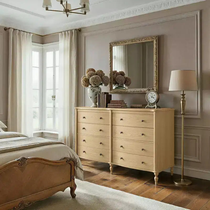 Black/Light Oak Curved-Front Vintage Dresser with 8 Drawers Luxury Bedroom Storage with Bronze Knobs Dressing Vanity Table