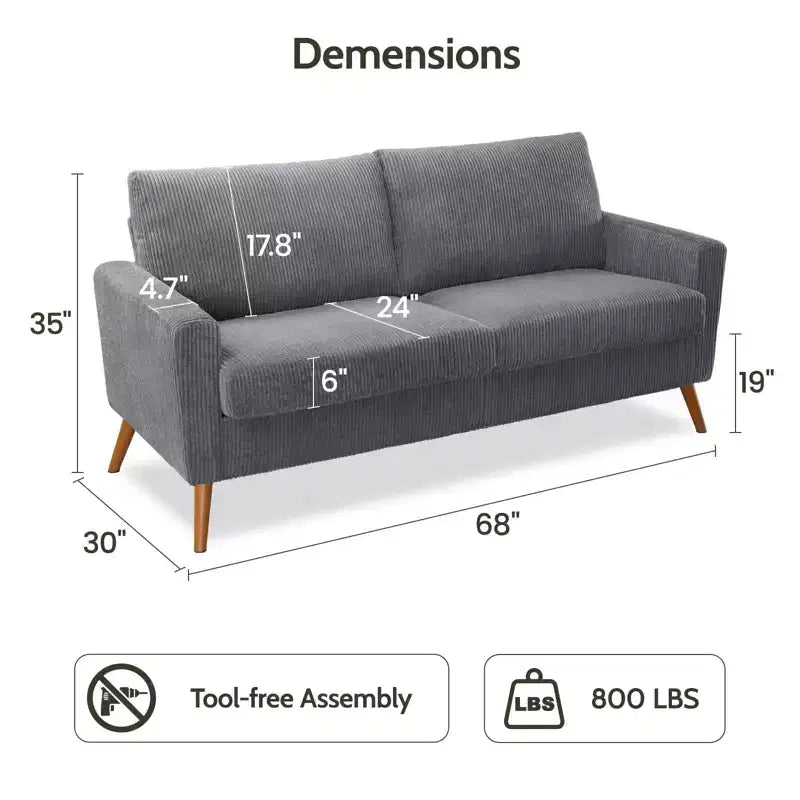 Mid Century Modern Loveseat 68 Retro Sofa | 24 Deep Cloud Seat | Solid Wood 800lb Support