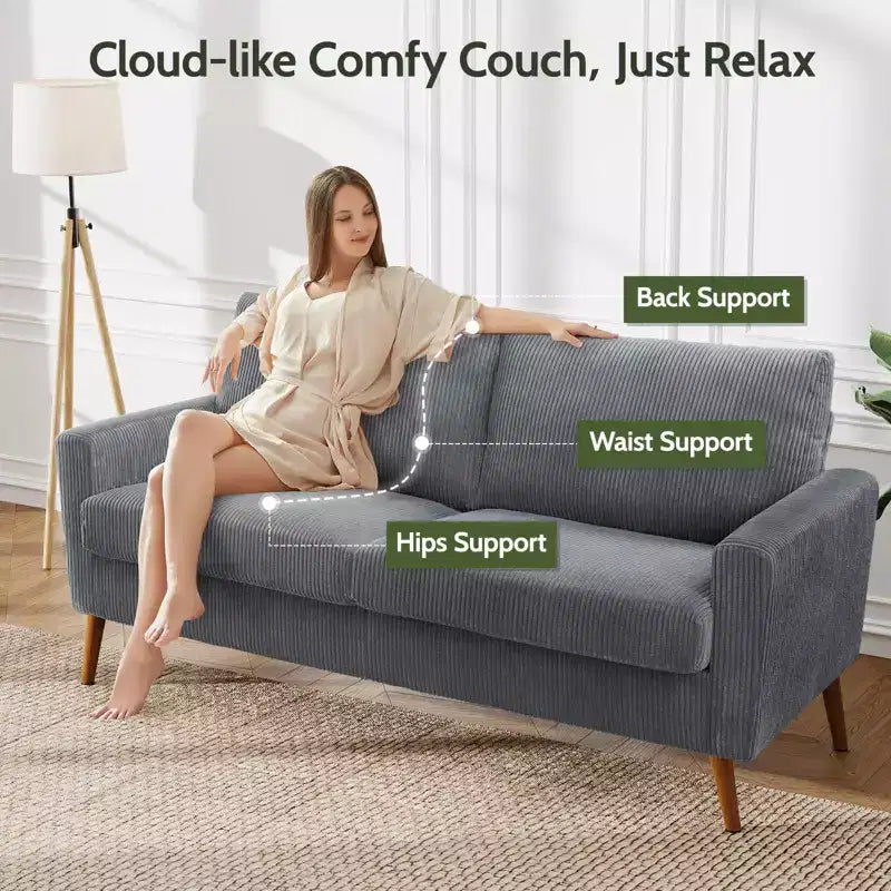 Mid Century Modern Loveseat 68 Retro Sofa | 24 Deep Cloud Seat | Solid Wood 800lb Support