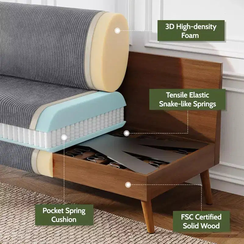 Mid Century Modern Loveseat 68 Retro Sofa | 24 Deep Cloud Seat | Solid Wood 800lb Support