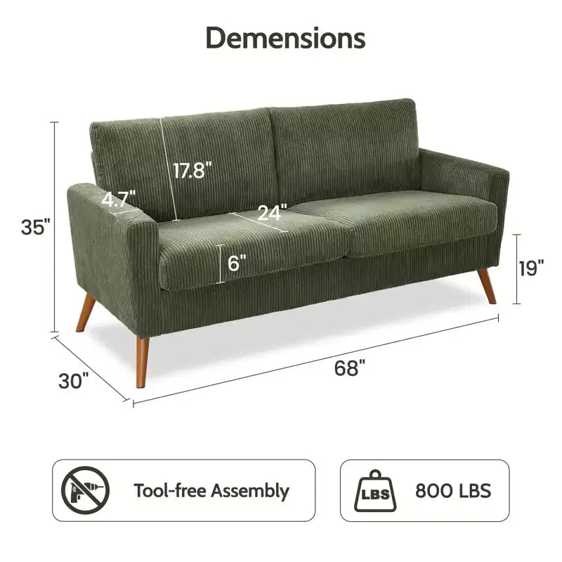 Mid Century Modern Loveseat 68 Retro Sofa | 24 Deep Cloud Seat | Solid Wood 800lb Support