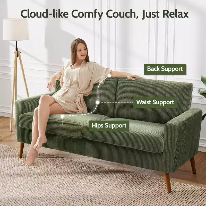Mid Century Modern Loveseat 68 Retro Sofa | 24 Deep Cloud Seat | Solid Wood 800lb Support