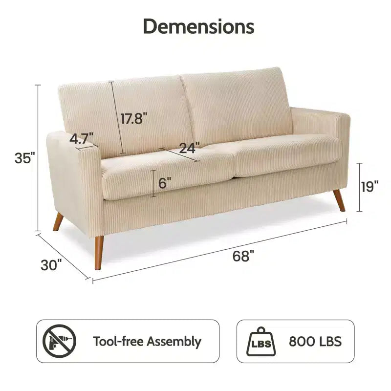 Mid Century Modern Loveseat 68 Retro Sofa | 24 Deep Cloud Seat | Solid Wood 800lb Support