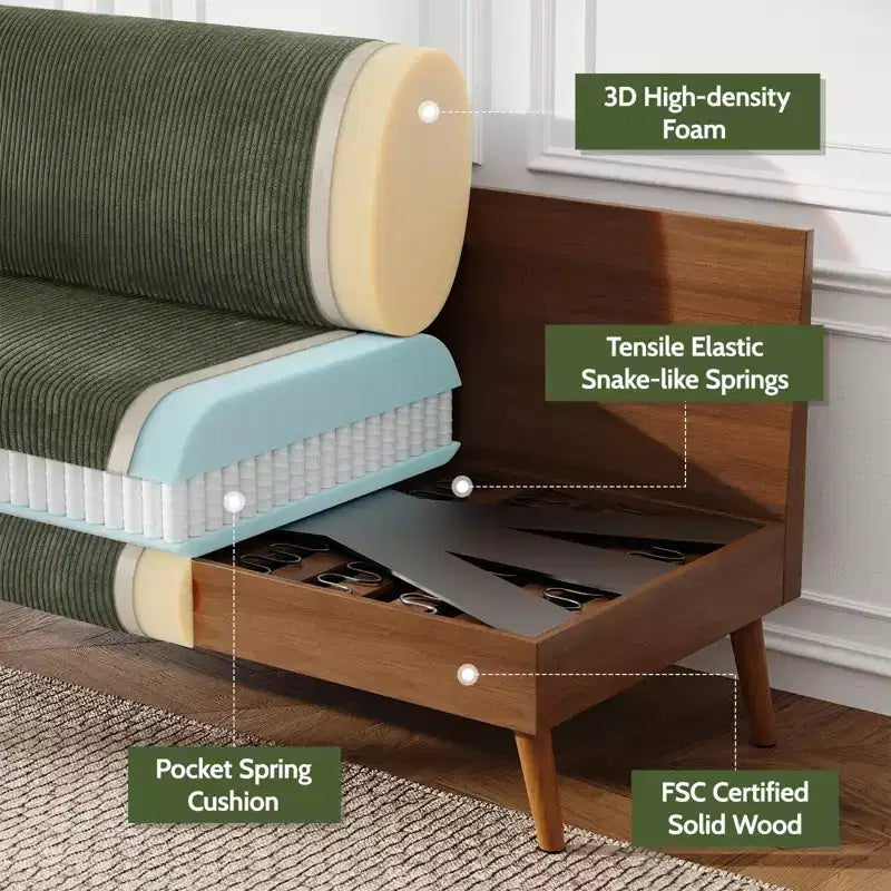 Mid Century Modern Loveseat 68 Retro Sofa | 24 Deep Cloud Seat | Solid Wood 800lb Support