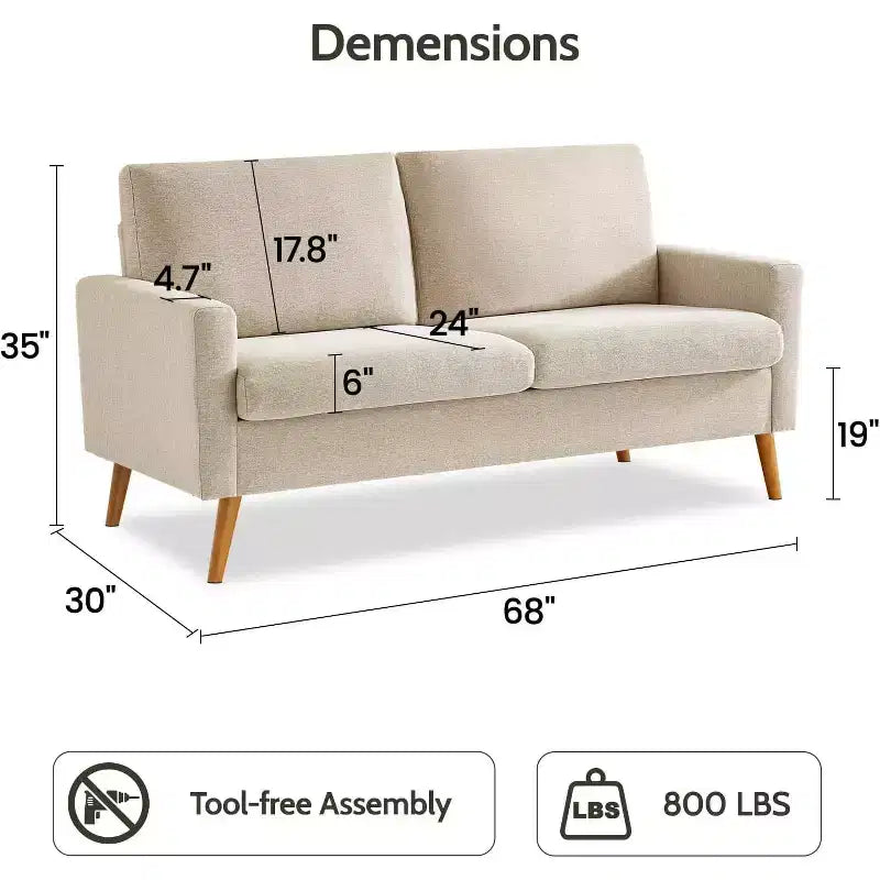 Mid Century Modern Loveseat 68 Retro Sofa | 24 Deep Cloud Seat | Solid Wood 800lb Support
