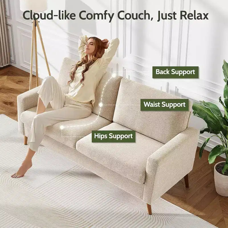 Mid Century Modern Loveseat 68 Retro Sofa | 24 Deep Cloud Seat | Solid Wood 800lb Support