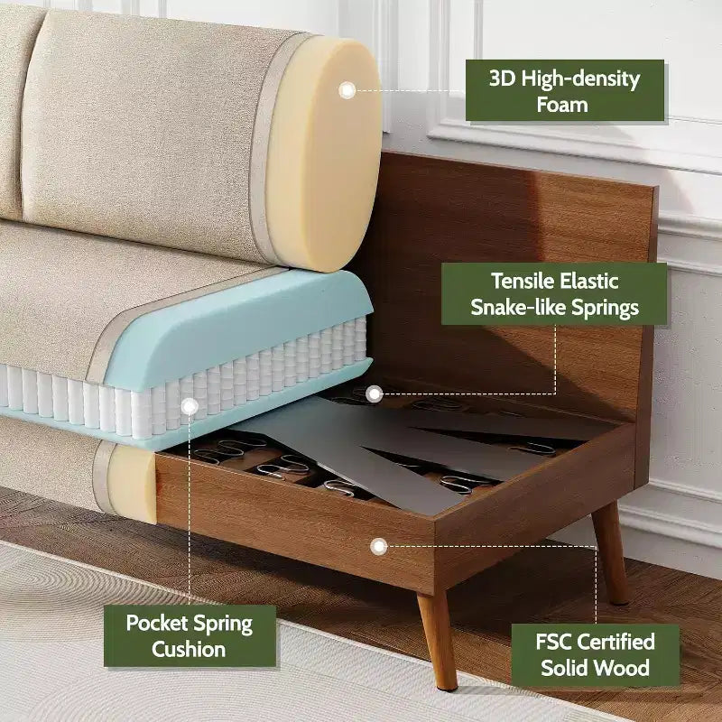 Mid Century Modern Loveseat 68 Retro Sofa | 24 Deep Cloud Seat | Solid Wood 800lb Support