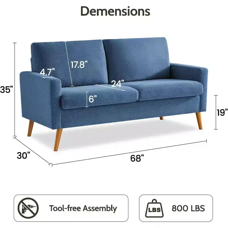 Mid Century Modern Loveseat 68 Retro Sofa | 24 Deep Cloud Seat | Solid Wood 800lb Support