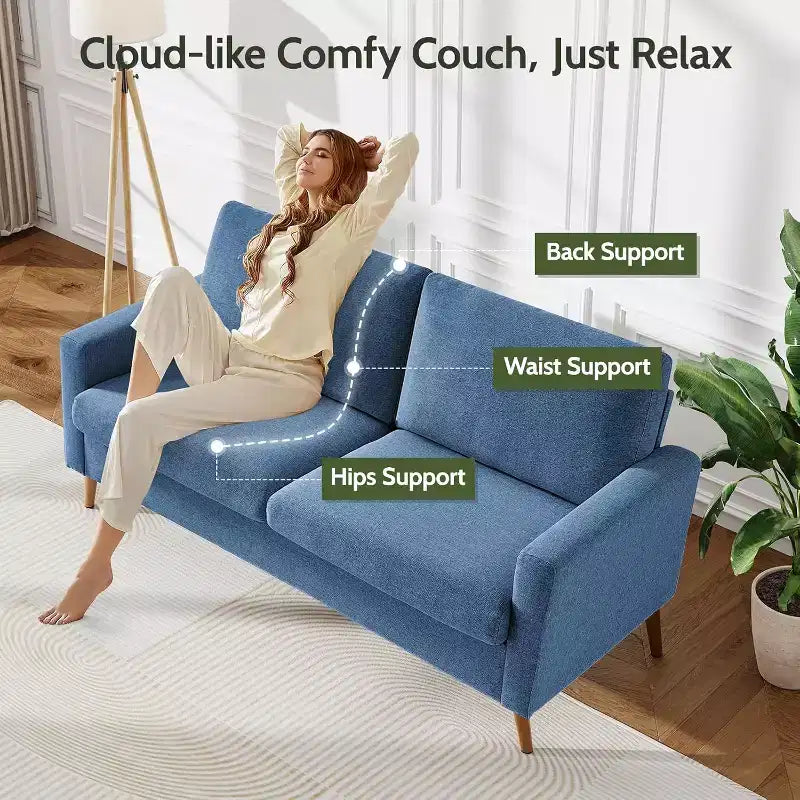 Mid Century Modern Loveseat 68 Retro Sofa | 24 Deep Cloud Seat | Solid Wood 800lb Support