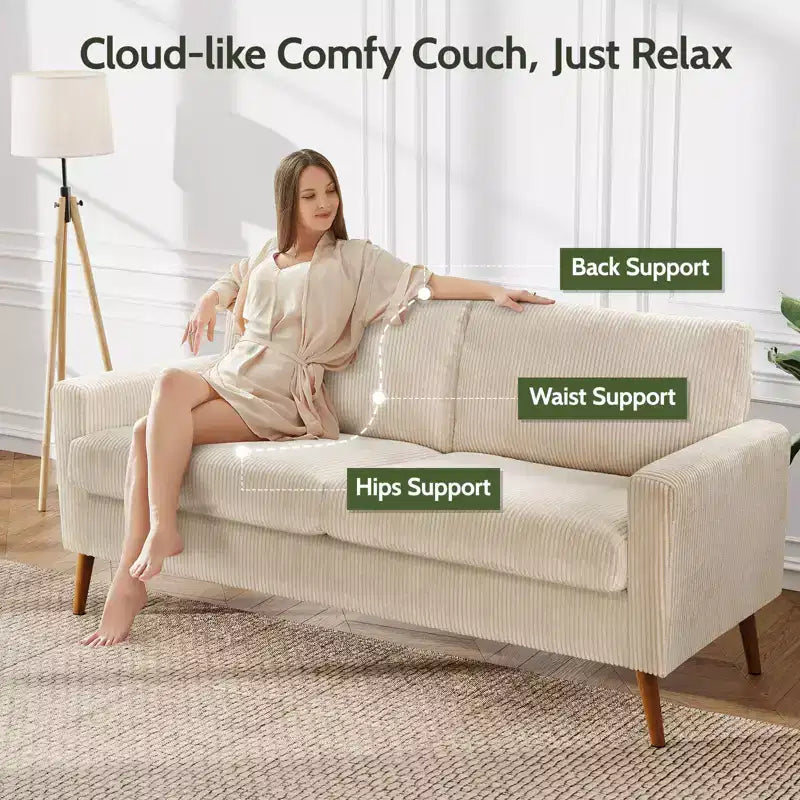 Mid Century Modern Loveseat 68 Retro Sofa | 24 Deep Cloud Seat | Solid Wood 800lb Support