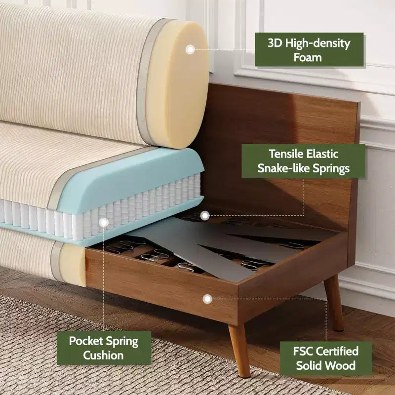 Mid Century Modern Loveseat 68 Retro Sofa | 24 Deep Cloud Seat | Solid Wood 800lb Support