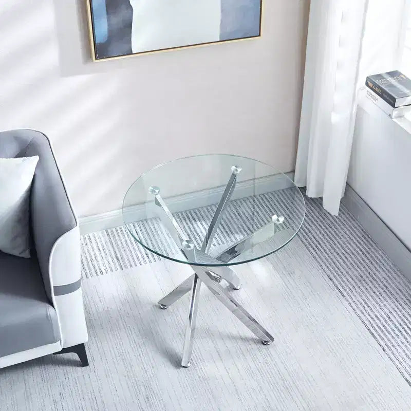 23.6 Inch Round Glass End Table, Tempered Glass Top with Chrome Legs for Living Room Dining Room Home Office