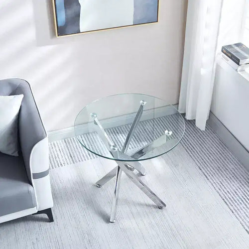 23.6 Inch Round Glass End Table, Tempered Glass Top with Chrome Legs for Living Room Dining Room Home Office