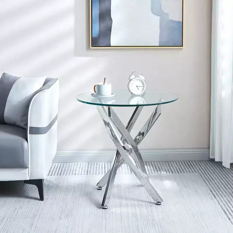 23.6 Inch Round Glass End Table, Tempered Glass Top with Chrome Legs for Living Room Dining Room Home Office