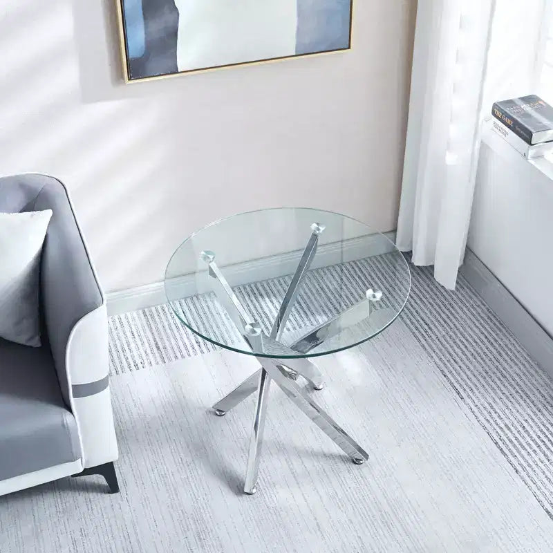 23.6 Inch Round Glass End Table, Tempered Glass Top with Chrome Legs for Living Room Dining Room Home Office