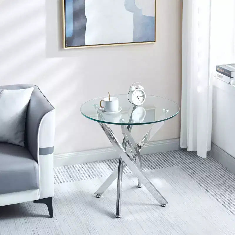 23.6 Inch Round Glass End Table, Tempered Glass Top with Chrome Legs for Living Room Dining Room Home Office