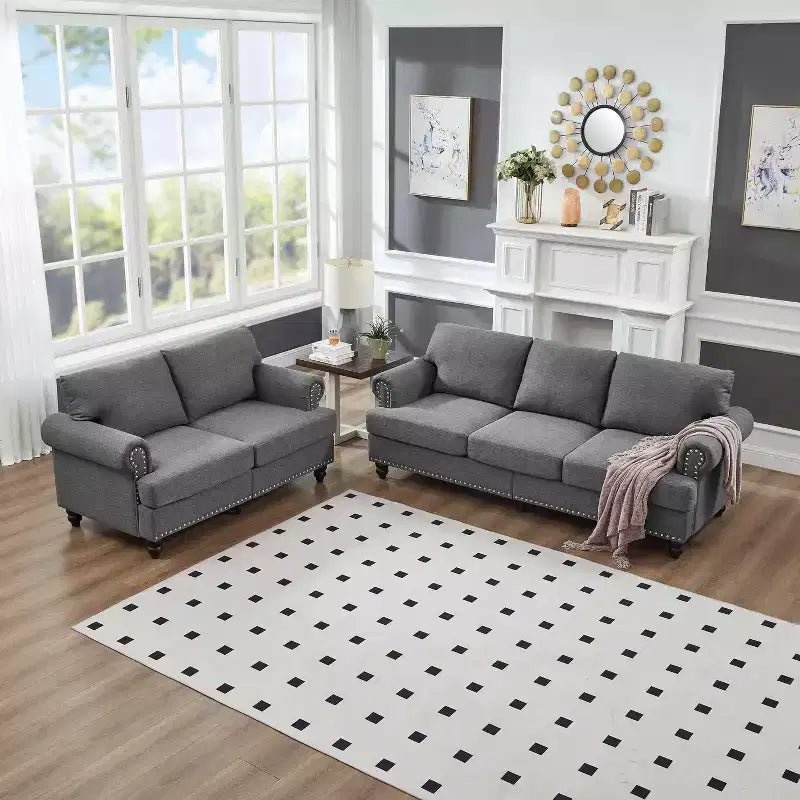 Modern Sectional Sofa Classic Design with Nails Living Room 5 Seaters Upholstered Polyester Gray