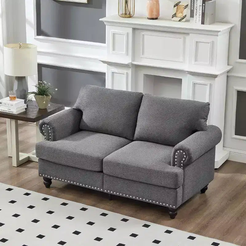 Modern Sectional Sofa Classic Design with Nails Living Room 5 Seaters Upholstered Polyester Gray